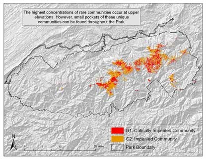 Map of Great Smoky Mountains National Park showing G1 and G2 imperiled communities.