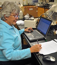 Volunteer entering weights and ages of each ginseng root.