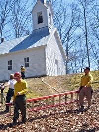 The Fire Crew sets up near the Little Cataloochee Baptist Church.