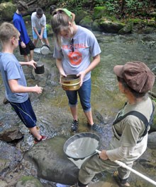 Student volunteers help Dr. Andrea Radwell collect water mites in the park.