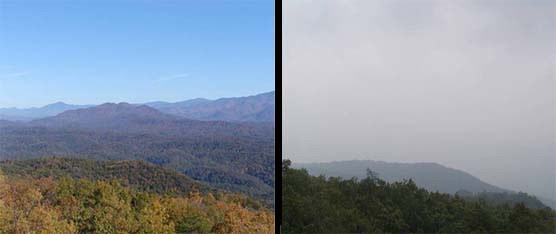 A composite of two photos showing good visibility within the park (left) and one showing poor visibility within the park (right).