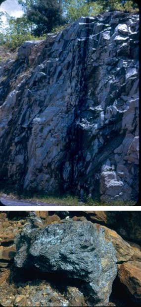 A composite of two photos showing exposed anakeesta rock in Great Smoky Mountains National Park.