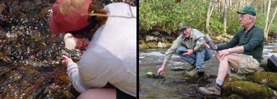 A composite of two photos with park volunteers taking water quality data.