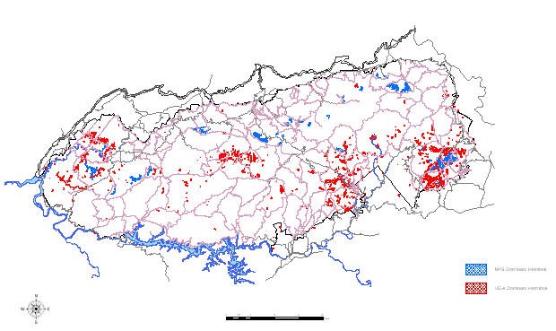 A map of forest types in Great Smoky Mountains National Park where hemlock is a dominant tree species.