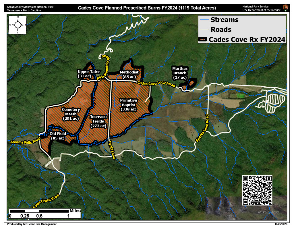 Cades Cove FY2024 Prescribed Burn Map Map of Cades Cove shaded orange in the named burn units. Roads are noted in white, streams in blue, and topography in shades of green and brown. A black NPS banner across the top notes FY2024 Prescribed Burns (1,119 total acres). A QR code is present.