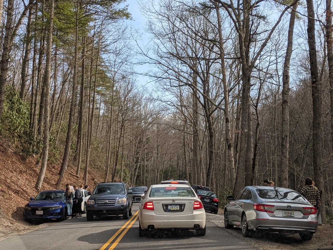 Multiple cars parked on the roadside while other cars drive by with break lights on. People are standing near cars and trying to cross the road.