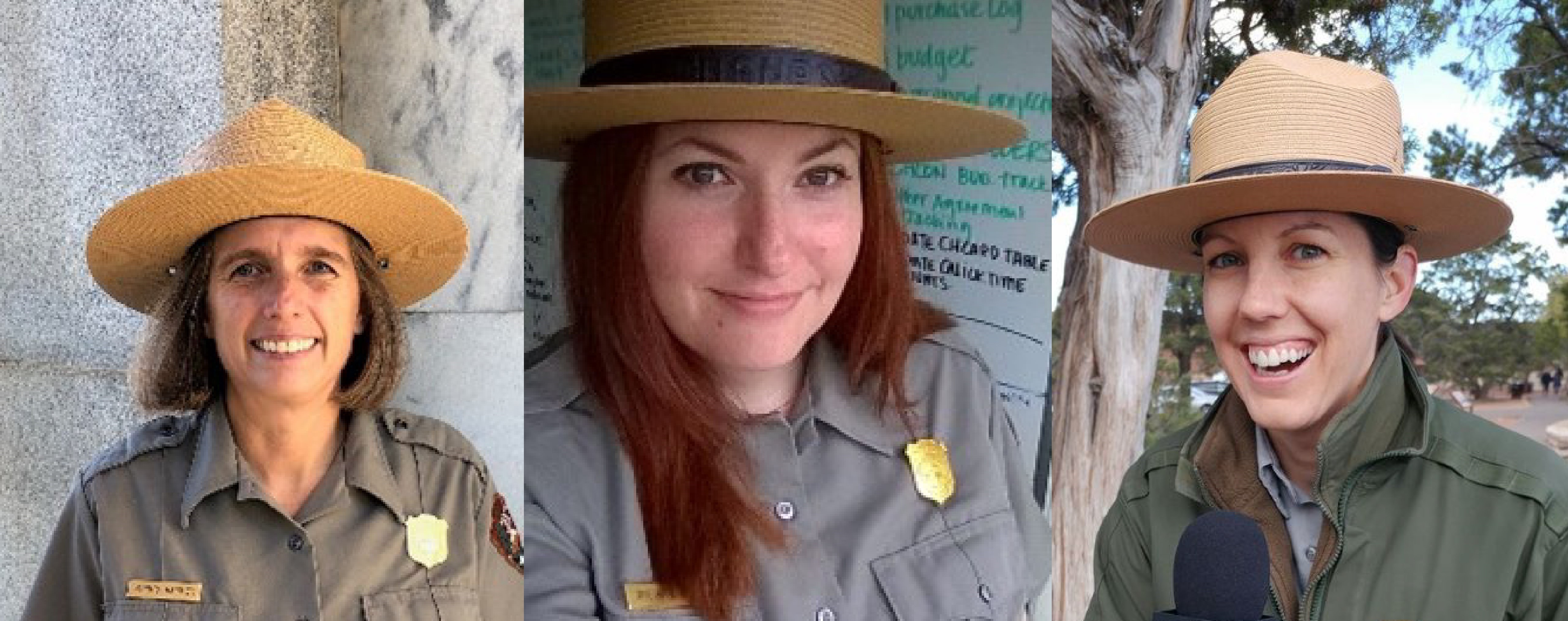 Three separate portrait shots of people side by side, each wearing a tan ranger hat and smiling.