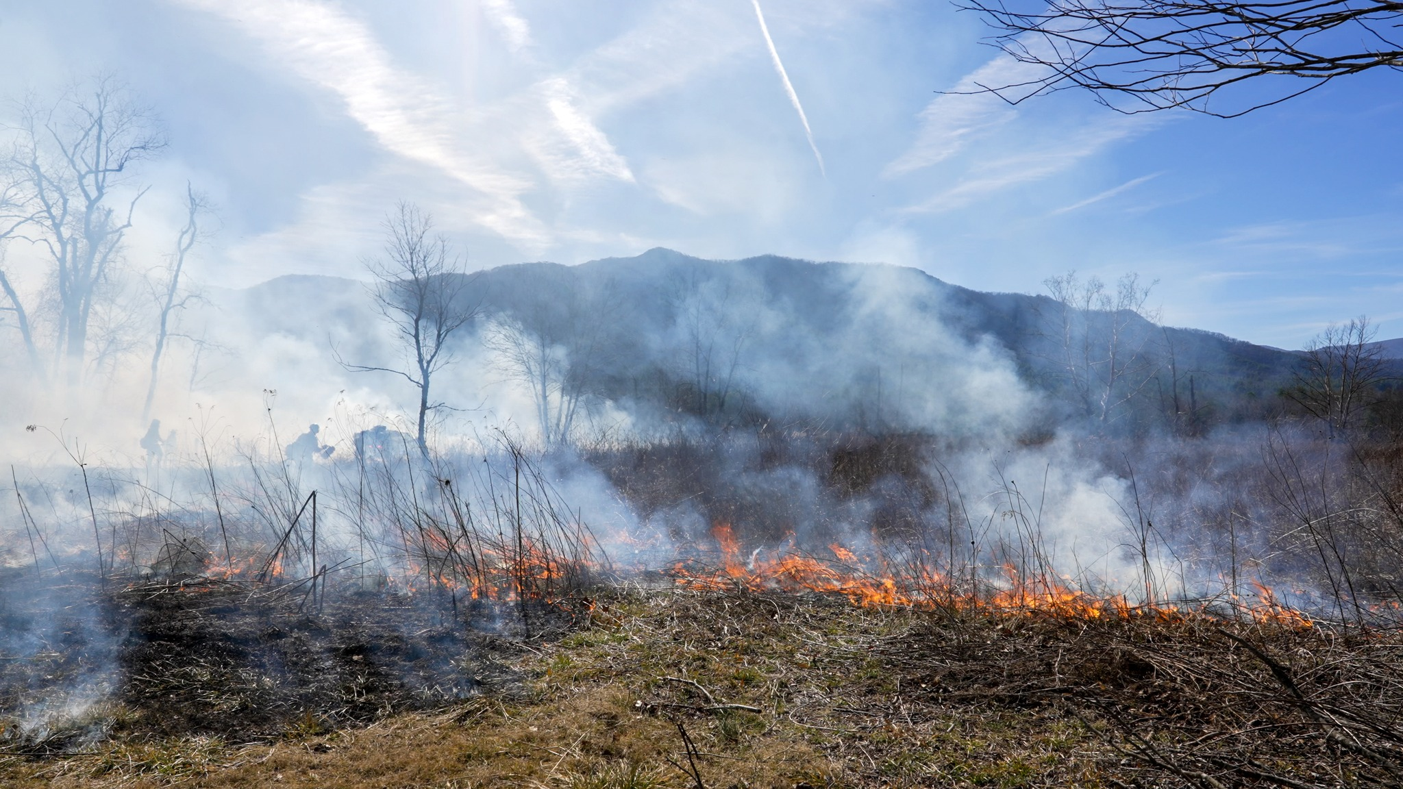 A large amount of smoke and fire rising over a grassy valley in the winter. A mountain beyond it.
