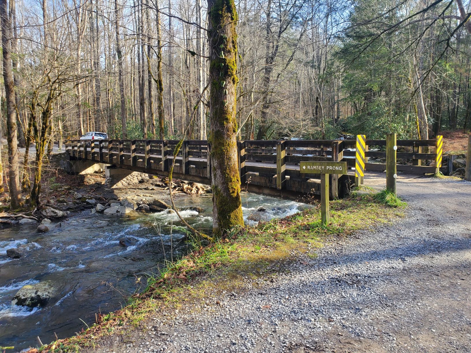 Ramsey Prong Road Bridge December 2020 Bridge to a road, crossing a stream, in a forested area.