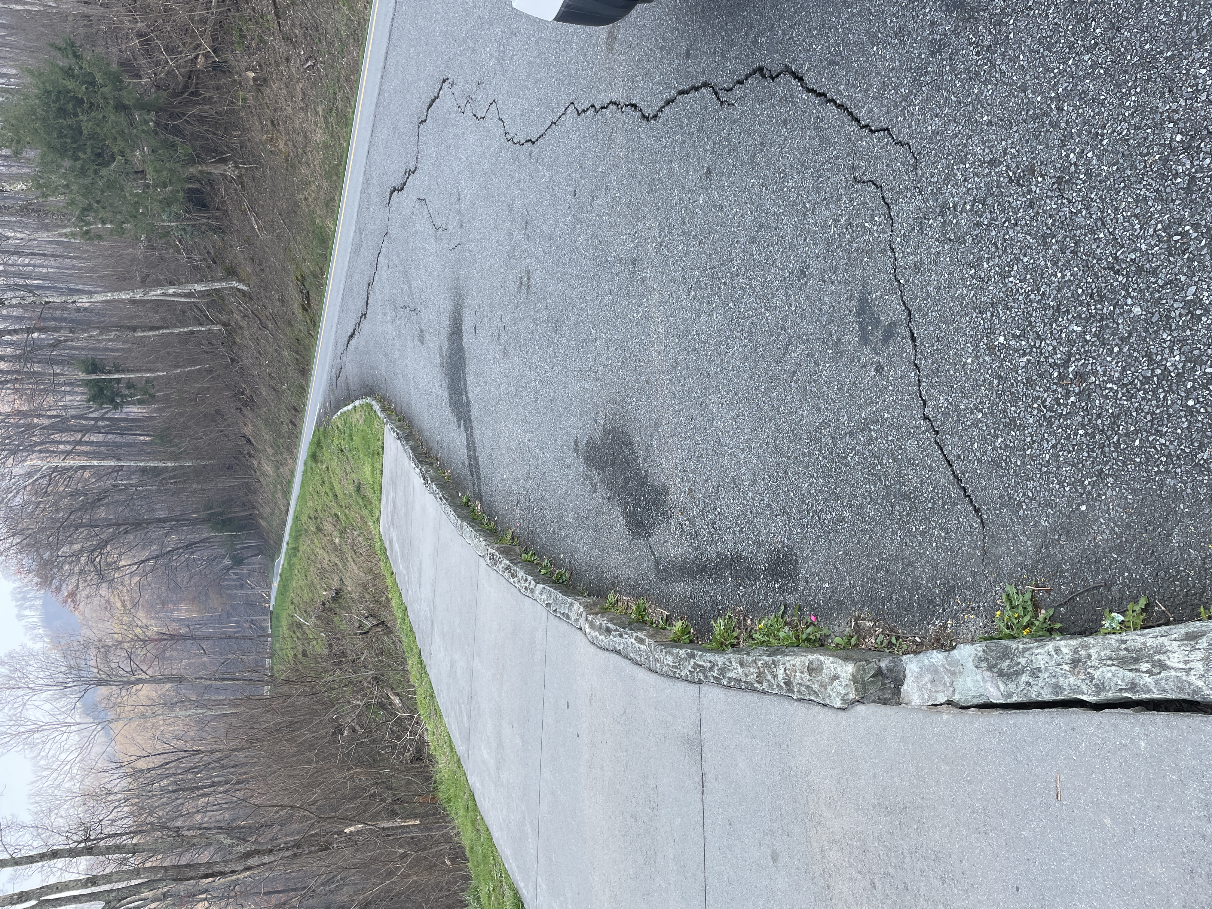 Large cracks in the pavement of a parking area beside a sidewalk with a road, trees and grass in the background.