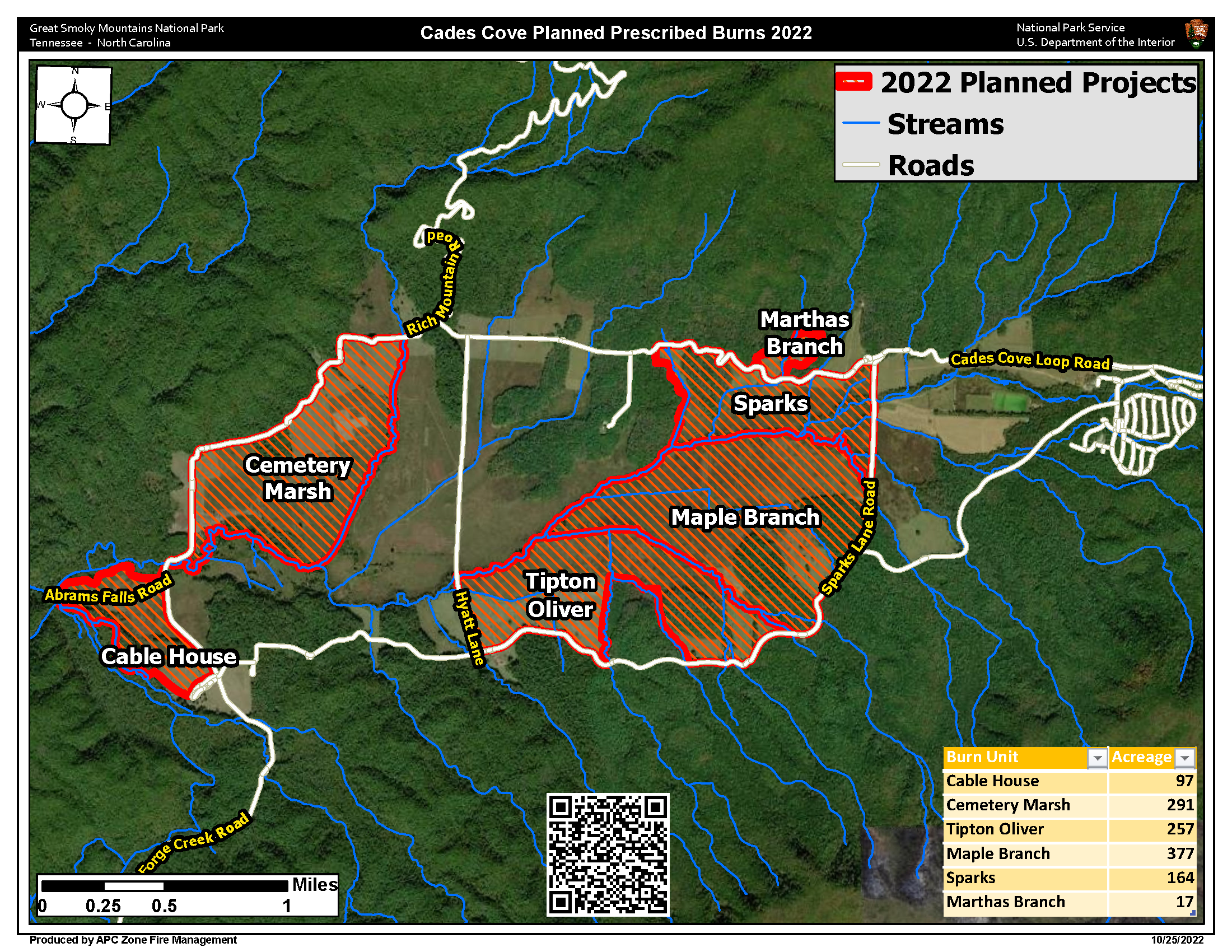 CadesCoveRxFireMap map showing acreage and units for Rx burns