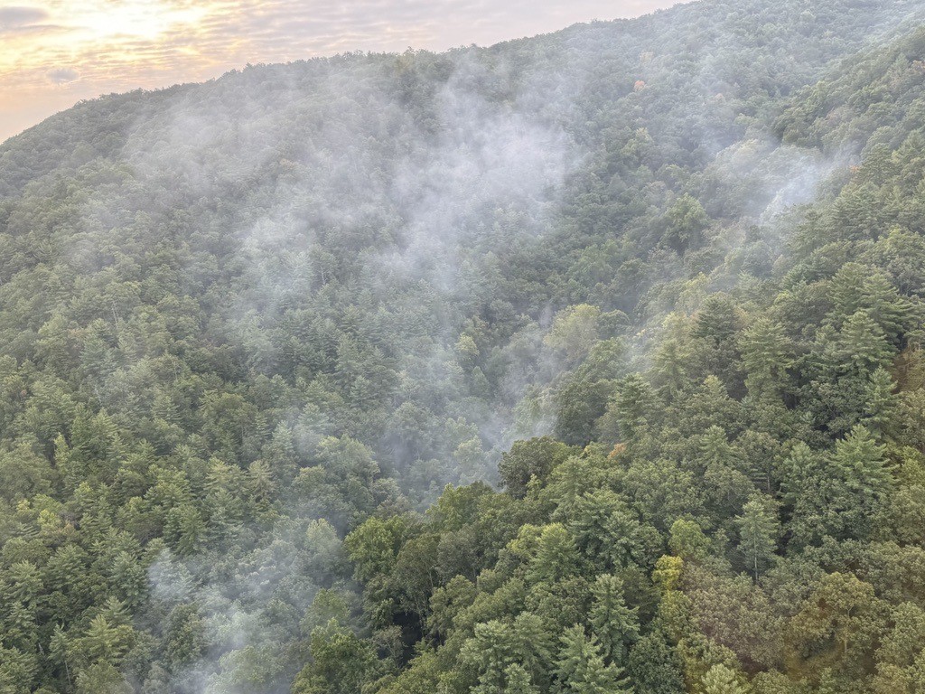 Flint Gap Fire on September 12, 2024 Aerial view of plumes of smoke rising from between lush, rolling mountain ridges.