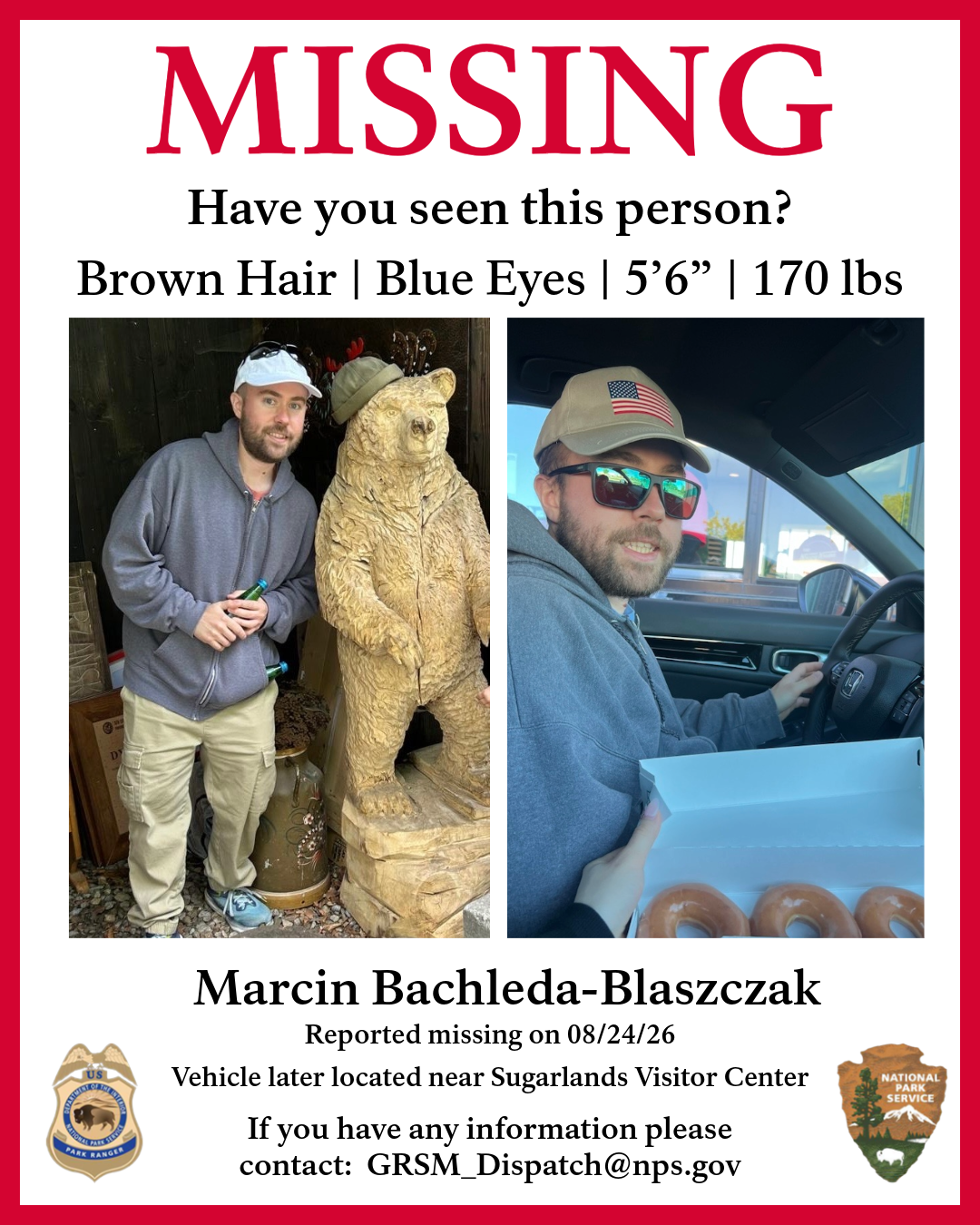 Missing poster of Marcin Bachleda-Blaszczak. Bachleda-Blaszczak is described as 5 feet, 6 inches tall and approximately 170 pounds, with brown hair and blue eyes.