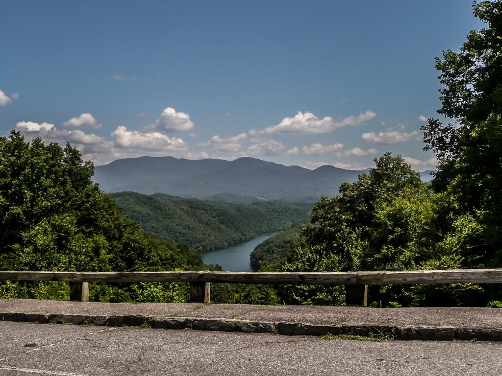 LakeviewDrive A strip of Fontana Lake is seen among trees and mountains along Lakeview Drive