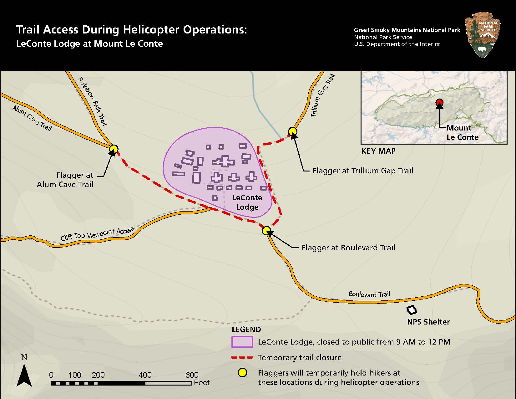 A map of the closure points around Mt. Le Conte during scheduled airlifts.