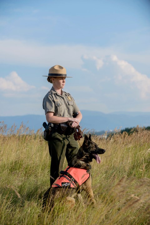 Liz Hall Emergency Manager Park Ranger Liz Hall with K9