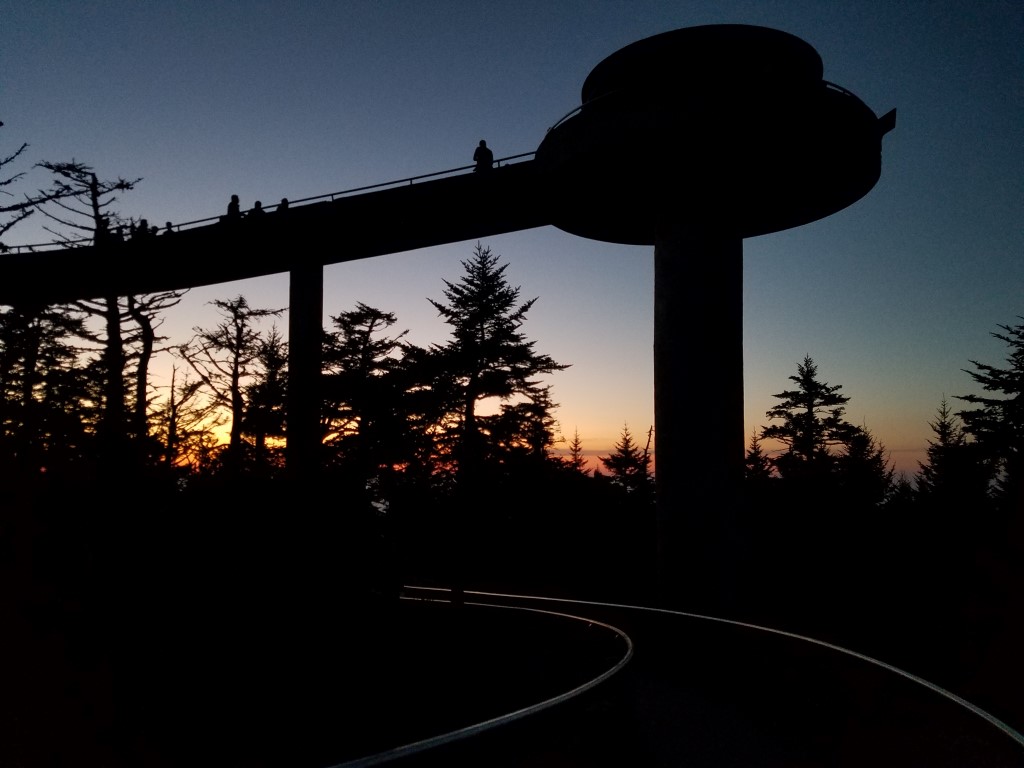 Observation tower at night Clingmans dome tower against a sunset backdrop