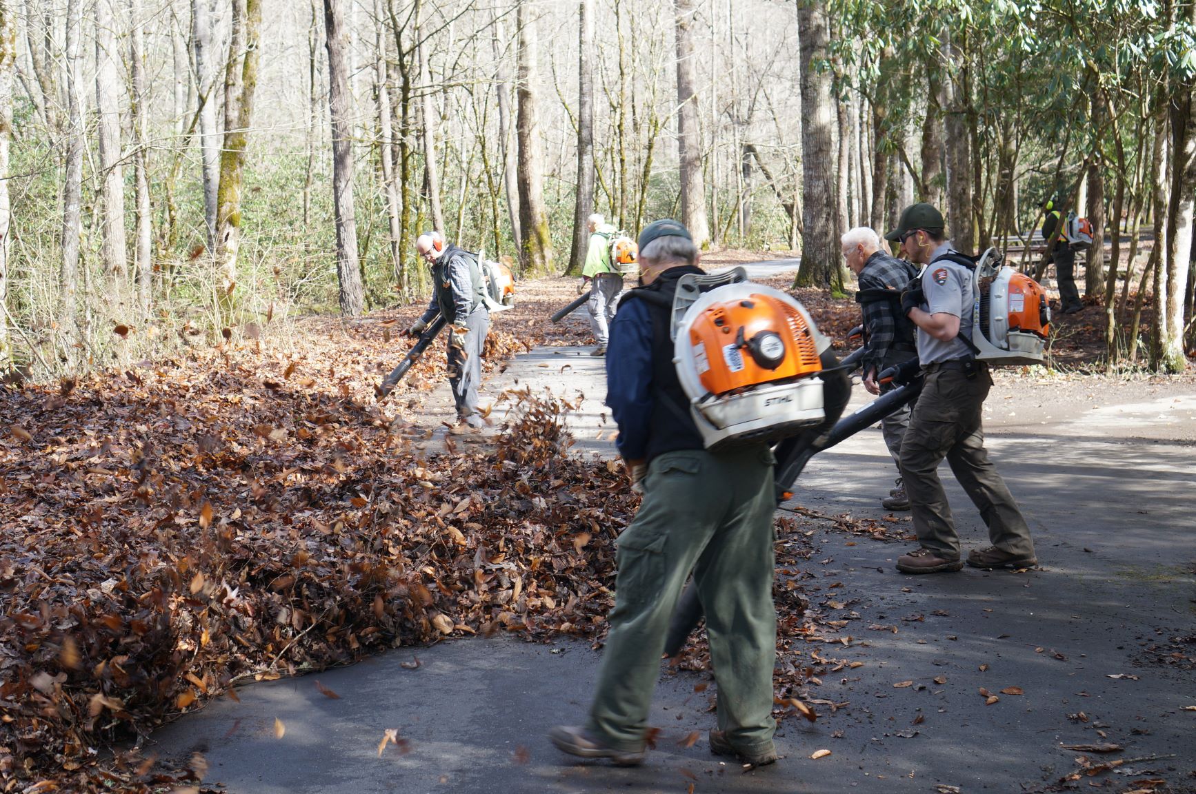 People blowing leaves in park.