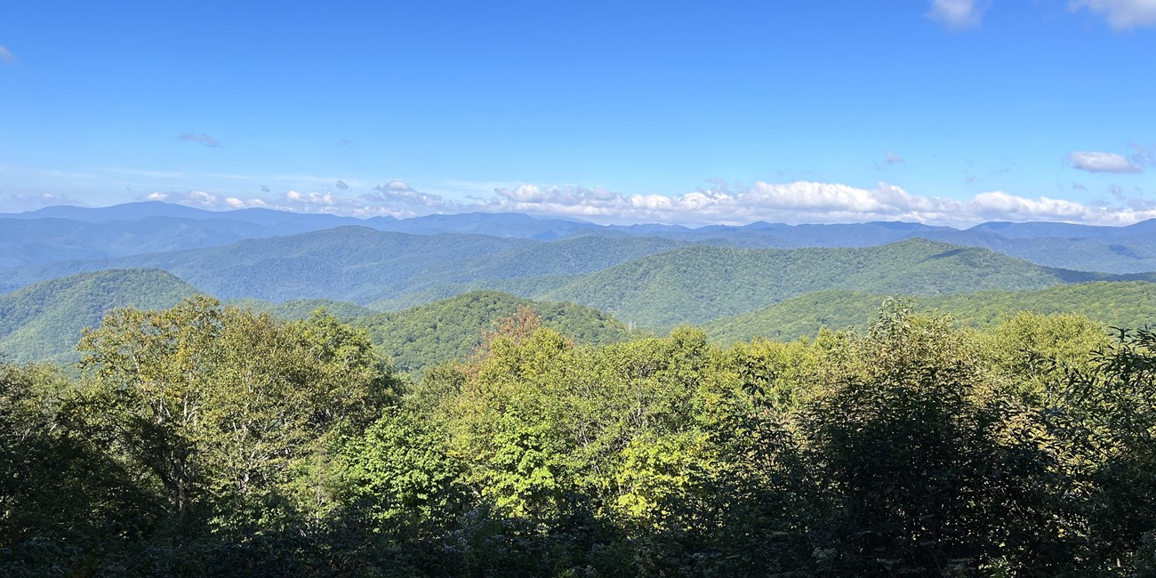 Sweeping mountain views below a mostly clear, blue sky with trees in the foreground.