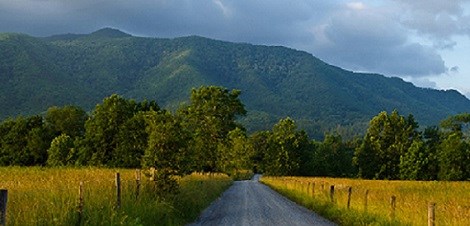 Cades Cove road in front of the mountains