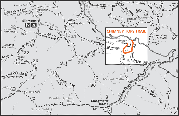 Trail Map with Chimney Tops Highlighted