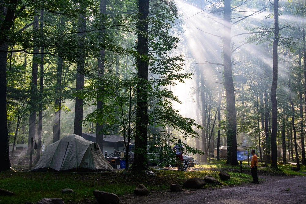 A large tent and a couple of people gathered near a campsite surrounded by green trees. Sunbeams shine through the tree canopy.