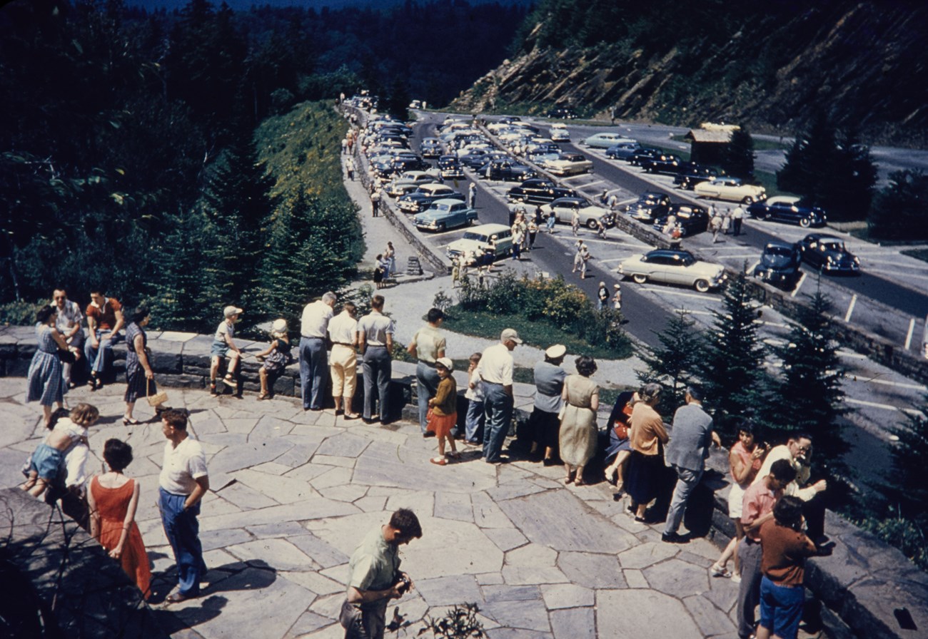 Archival photo of visitors at Newfound Gap overlook, Great Smoky Mountains National Park.
