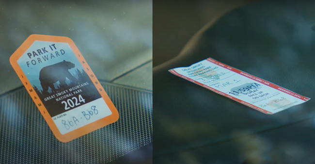Annual and daily parking tag displayed in windshield