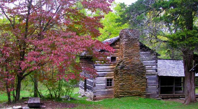 Red fall leaves on a dogwood tree beside the Walker Sisters' Cabin in Little Greenbrier