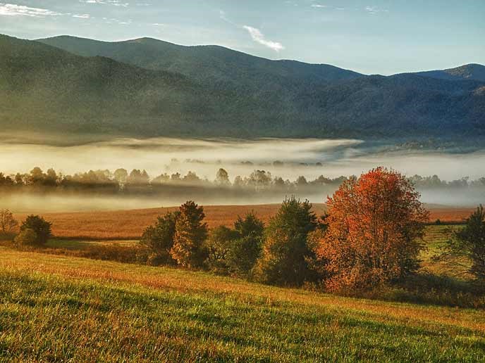 Morning fog covers the valley in Cades Cove