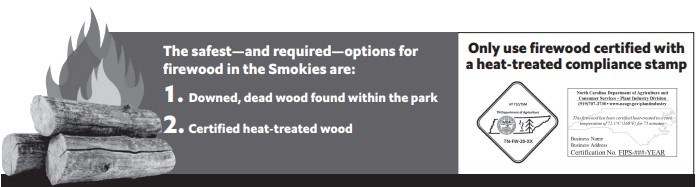 firewood graphic.  The safest-and required-options for firewood in the Smokies are: 1. Downed, dead wood found within the park. 2. Certified heat-treated wood.