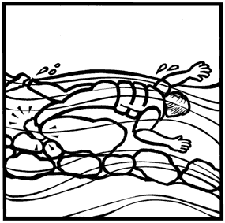An illustration of a person in moving water with their foot stuck under a rock.