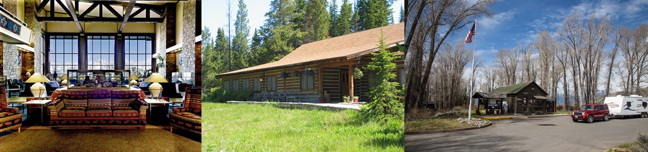 Interior of hotel, exterior of log cabin, trailer pulling up to campground check in office