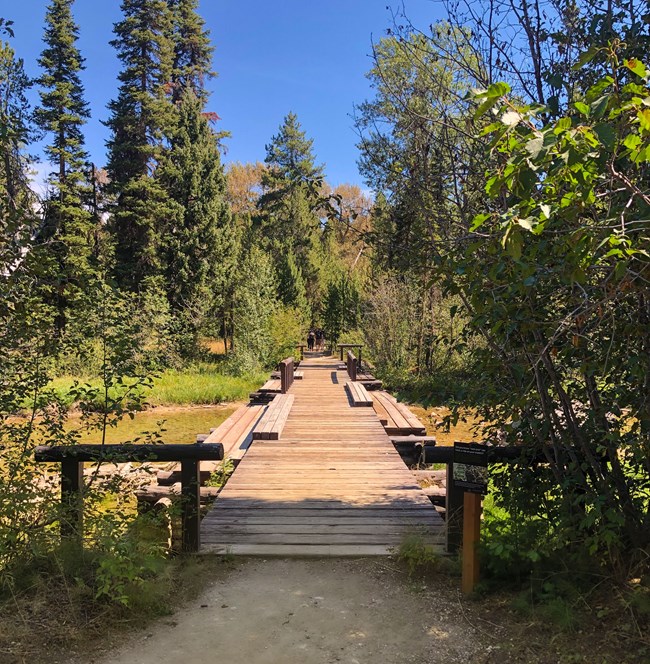 looking across a wood bridge