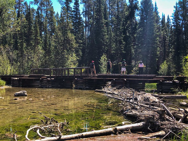 a wood bridge over a creek with hikers on the bridge