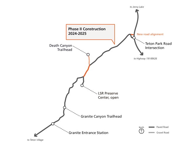Map showing that construction will take place on the northern half of the Moose-Wilson Road in phase II between the LSR Preserve and Death Canyon Trailhead.