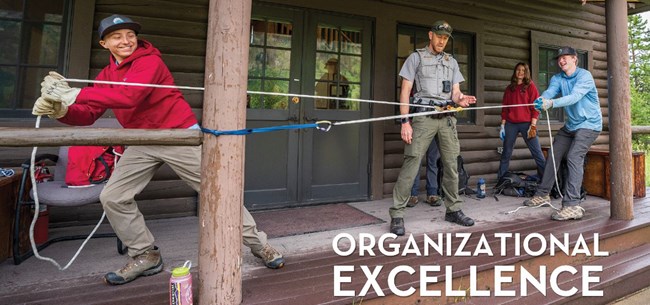 Jenny Lake Ranger teaches Youth Conservation Program (YCP) members how to use ropes with title "Organizational Excellence"