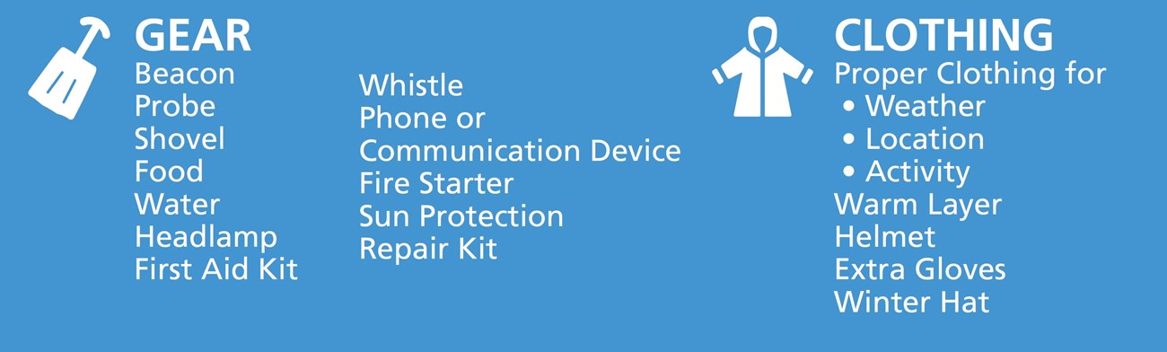 GEAR  Beacon Probe Shovel Food Water Headlamp First Aid Kit    Whistle Phone or Communication Device Fire Starter Sun Protection Repair Kit CLOTHING Proper Clothing for • Weather  • Location • Activity  Warm Layer   Helmet  Extra Gloves   Winter Hat