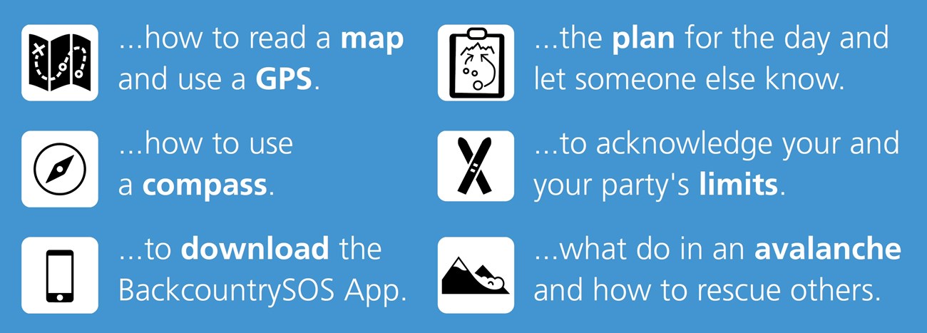 Know before you go ...how to read a map  and use a GPS. ...how to use  a compass. ...to download the BackcountrySOS App. ...the plan for the day and let someone else know. ...to acknowledge your and your party's limits. ...what do in an avalanche  and how