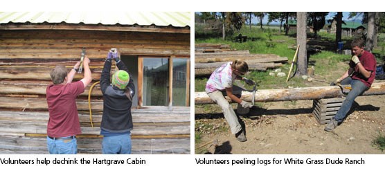 Students from YMCA dechinking the Hartgrave cabin and peeling logs for White Grass.