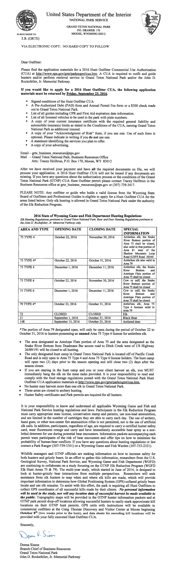 Letter detailing hunt outfitting in Grand Teton, PDF available on hunt outfitter page. Letter detailing hunt outfitting in Grand Teton, PDF available on hunt outfitter page.