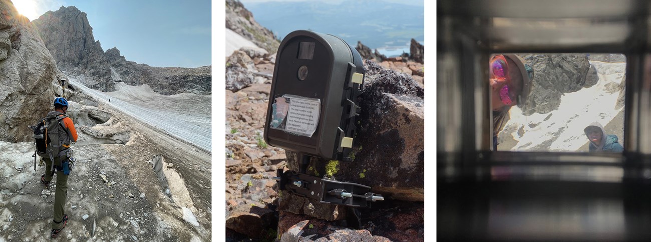 Scientists survey elevation changes and place cameras to record surface changes on Middle Teton Glacier.