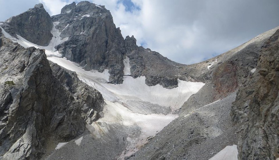 Middle Teton Glacier with the Middle Teton and Lower Saddle above. Middle Teton Glacier with the Middle Teton and Lower Saddle above.