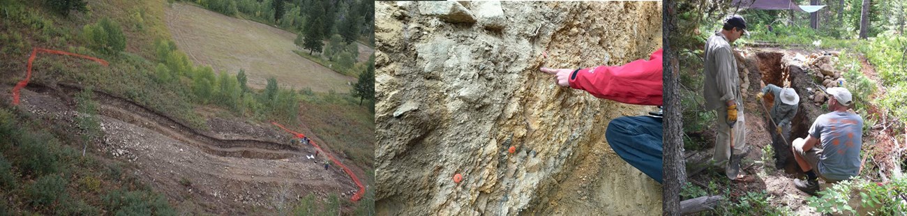 Triple image - bird's eye view of JHMR trench, close-up of offset sediments in JHMR trench, small trench at Leigh Lake dug by hand