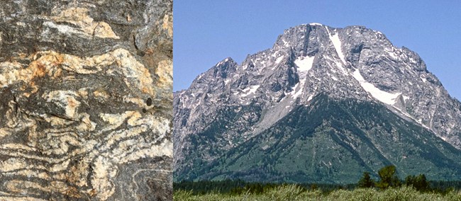 Layered metamorphic gneiss (left) with Mount Moran (right).