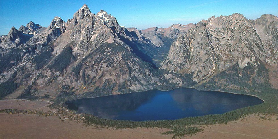 Aerial view of Jenny Lake and Cascade Canyon.