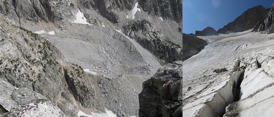 Left: terminal moraine around the Teton Glacier. Right: Crevasses in the Middle Teton Glacier