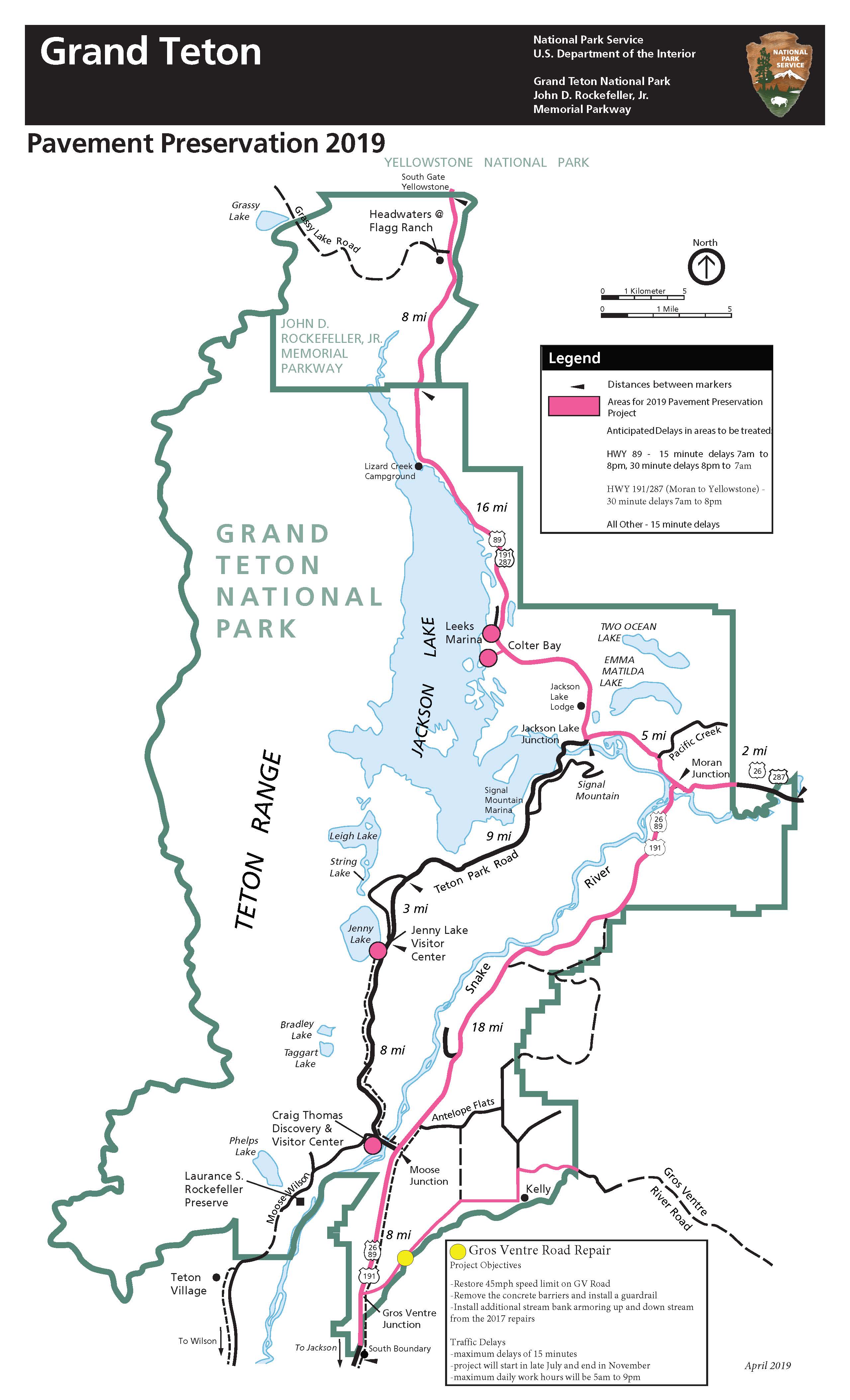 Park map highlighting areas of construction throughout the park.