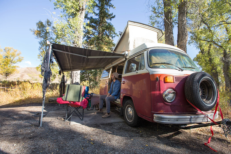 Camper in converted VW bus enjoys the Gros Ventre Campground