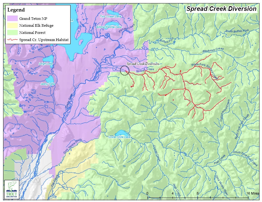 Map of Upper Snake River, Spread Creek Dam site, and amount of newly accessible upstream mainstem and tributary habitat Map of Upper Snake River, Spread Creek Dam site, and amount of newly accessible upstream mainstem and tributary habitat (50 – 60 miles) following dam removal in 2010.